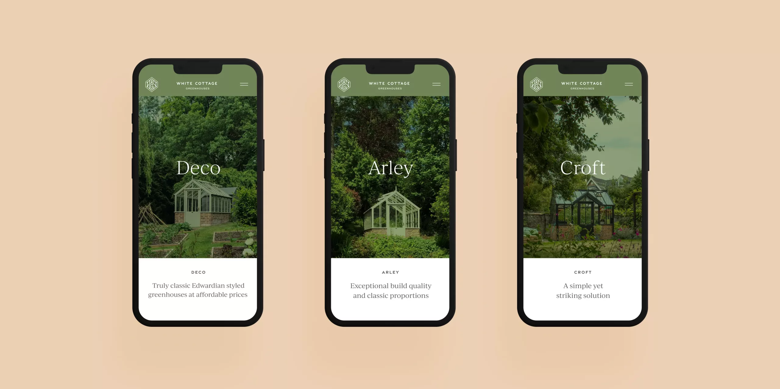 Three smartphones on a beige background showing greenhouse webpages titled Deco, Arley and Croft with garden photos.