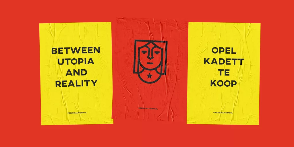Three posters on red: left yellow "Between Utopia and Reality", right yellow "Opel Kadett te koop", centre red with black line face and star