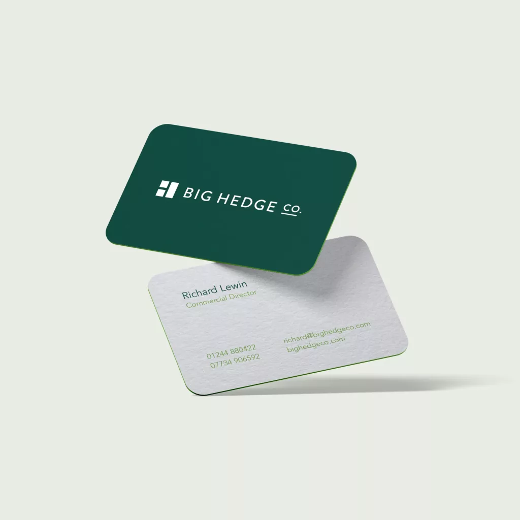 Two rounded business cards floating: dark green card with BIG HEDGE CO. logo and white card with green text and edge.