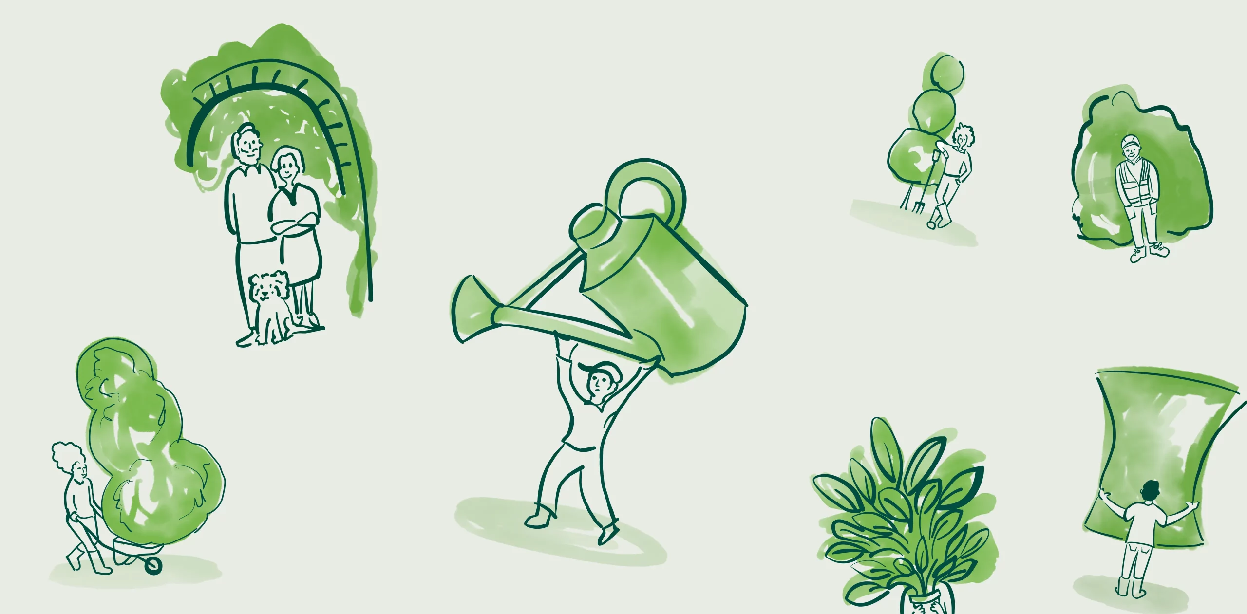Person lifting a giant watering can at the centre, surrounded by stylised gardeners, plants and a couple with a dog.
