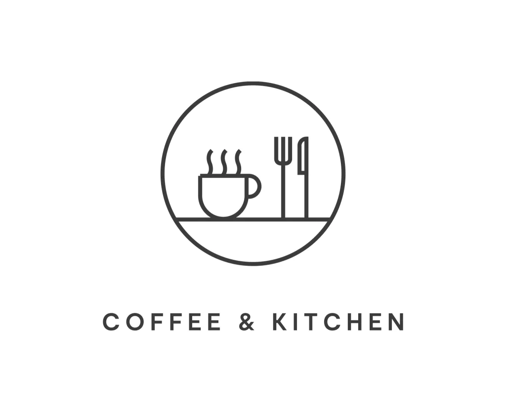 Circular logo showing a steaming coffee cup beside a fork and knife, with the text COFFEE & KITCHEN underneath.