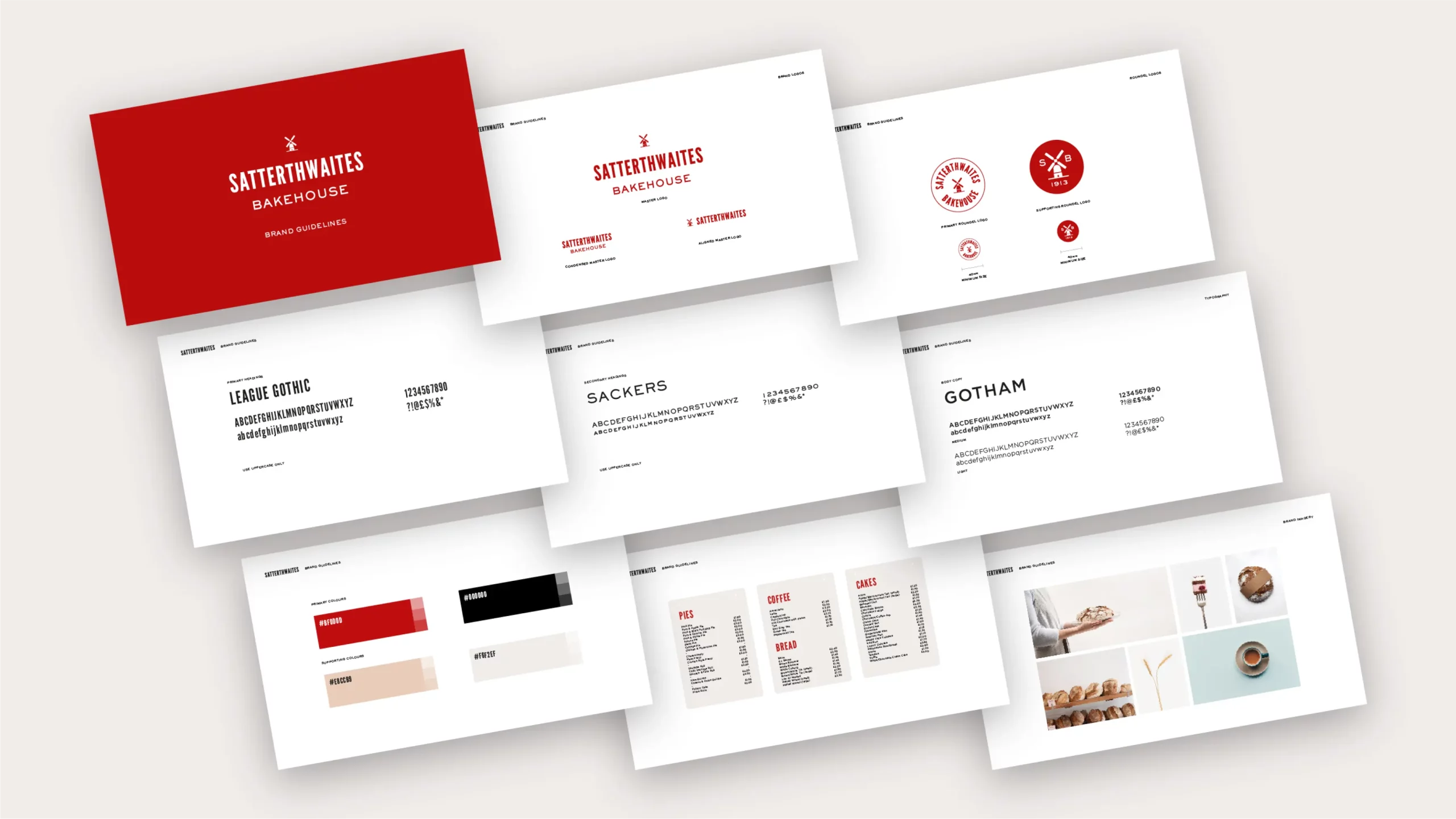 Brand guidelines for Satterthwaites Bakehouse, a red cover and spread pages showing logos, fonts, colours and bakery photos.