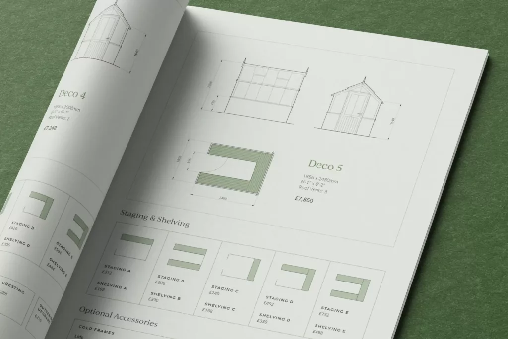 Open brochure on a green surface showing architectural drawings and a plan for Deco 5 greenhouse with staging and shelving diagrams.