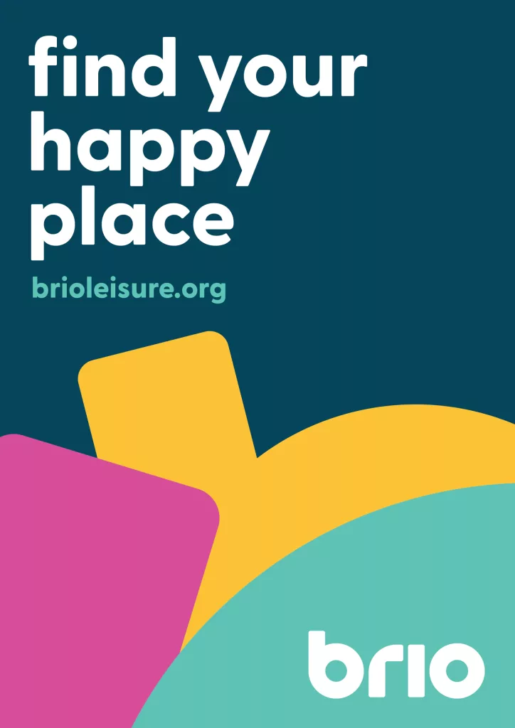 Poster reading find your happy place with brioleisure.org, yellow, pink and teal abstract shapes and white brio logo.