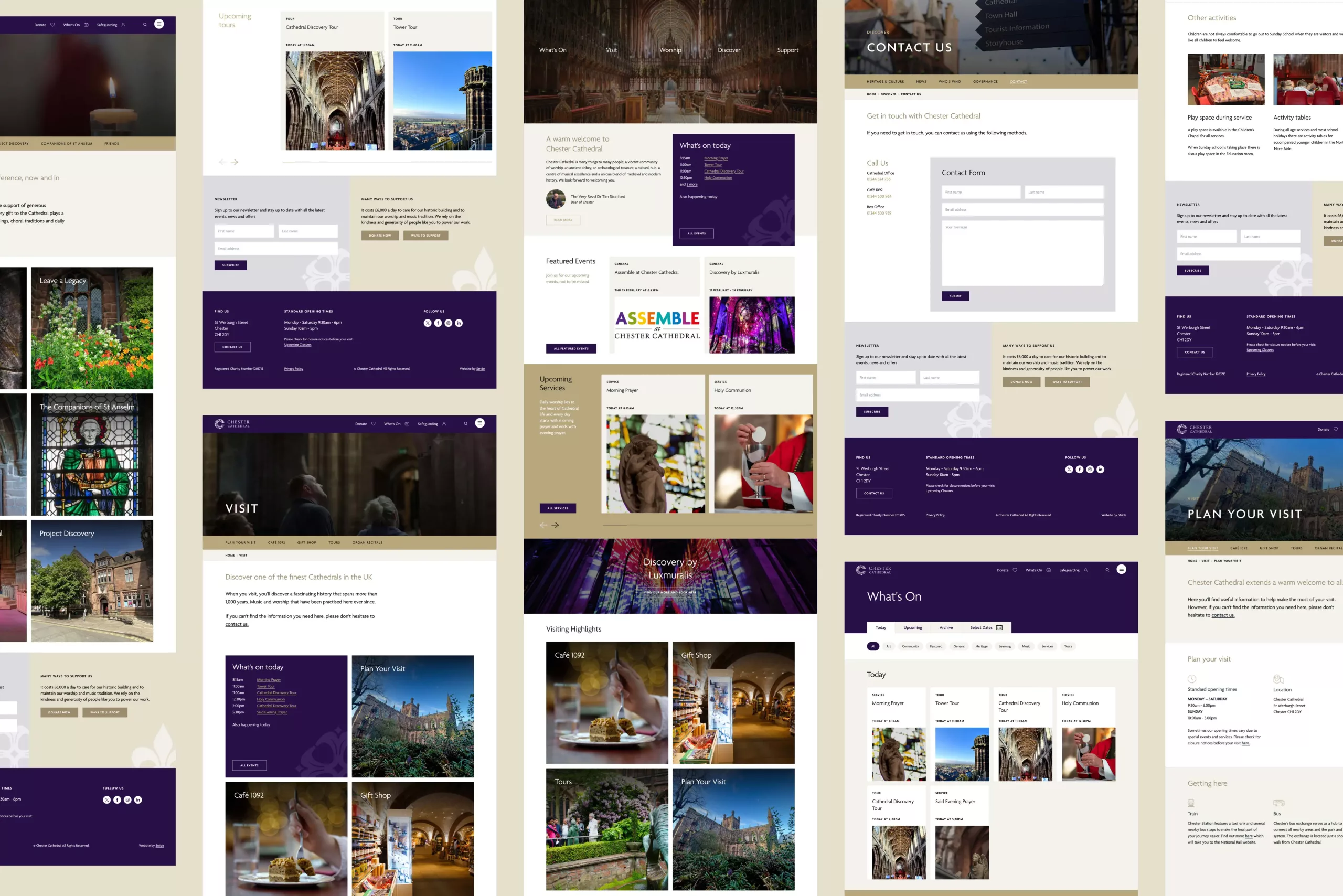 Multi-page cathedral website mockups showing beige and purple layouts with interior photos, event tiles, contact form.