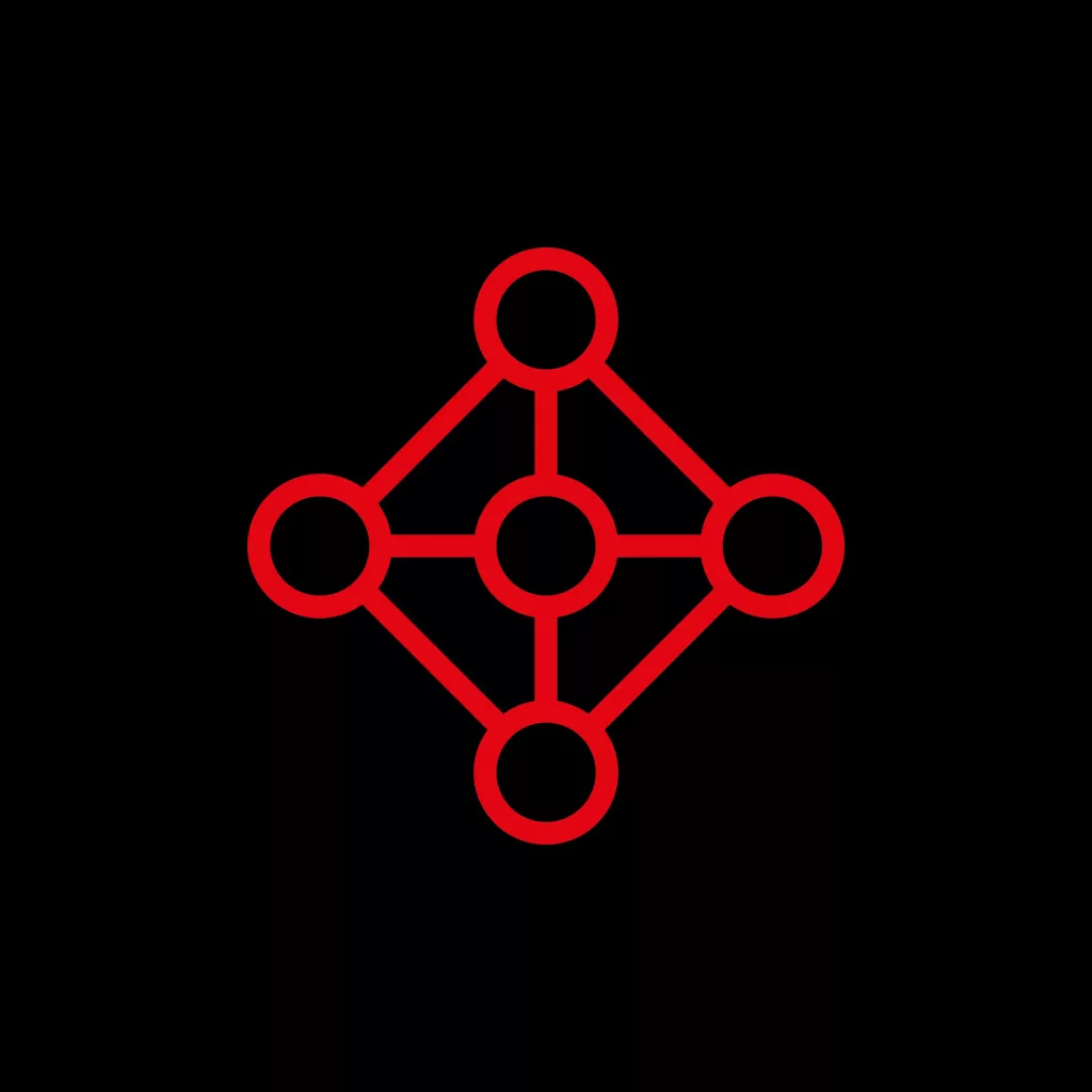 Red network icon showing five connected circles arranged in a diamond pattern on a black background.