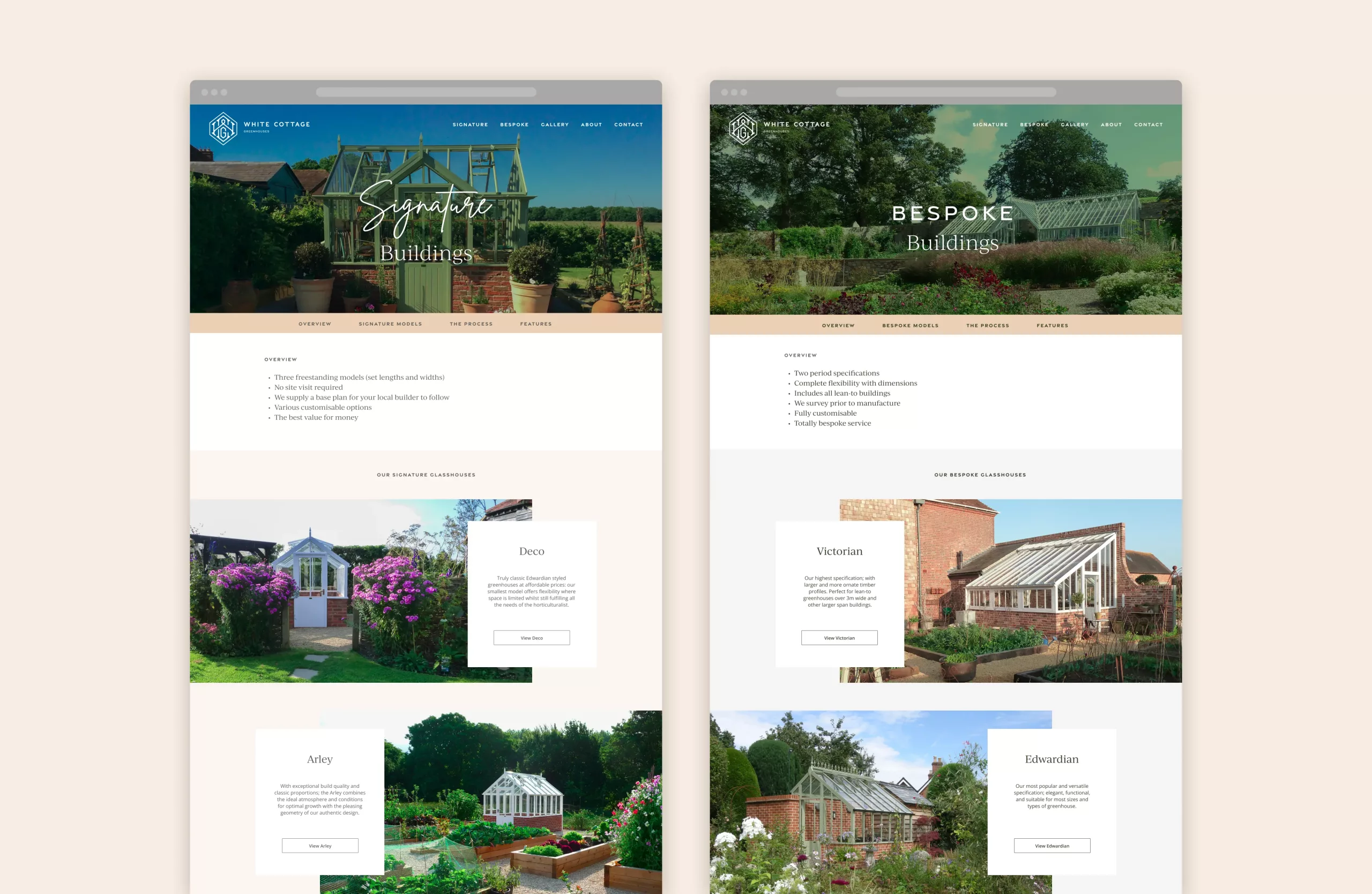 Side-by-side website mockups for greenhouses titled Signature Buildings and Bespoke Buildings, featuring large garden photos.
