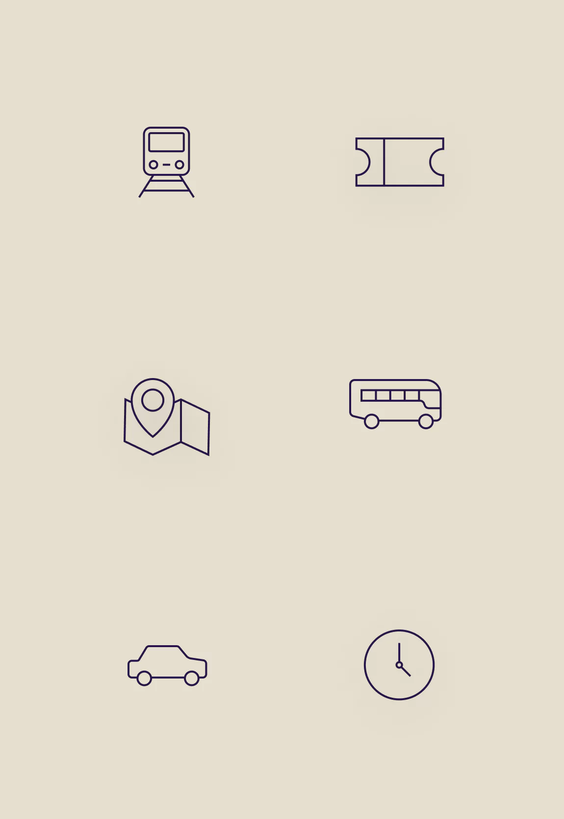 Six thin purple transport icons on a beige background arranged in two columns: train, ticket, map pin, bus, car and clock.