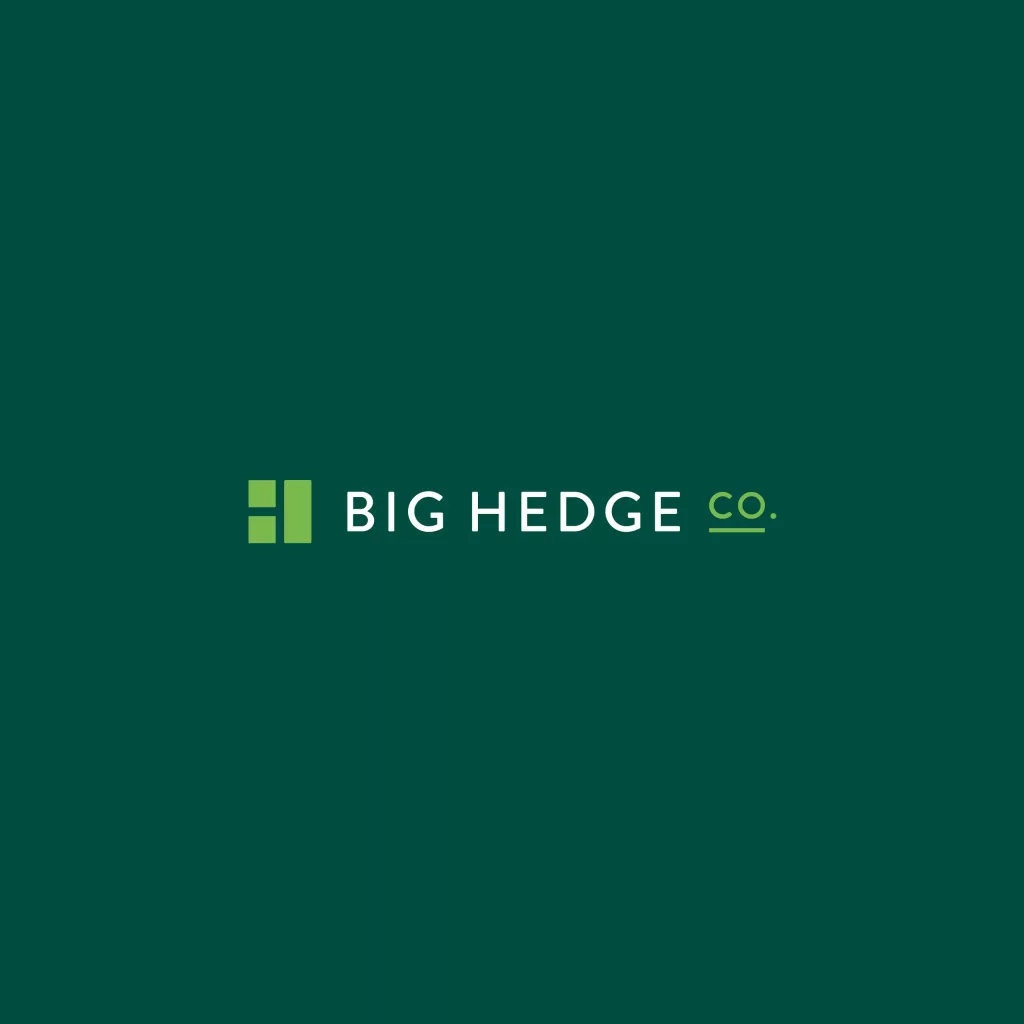 Big Hedge Co. wordmark with a two-tone green square icon to the left on a dark green background