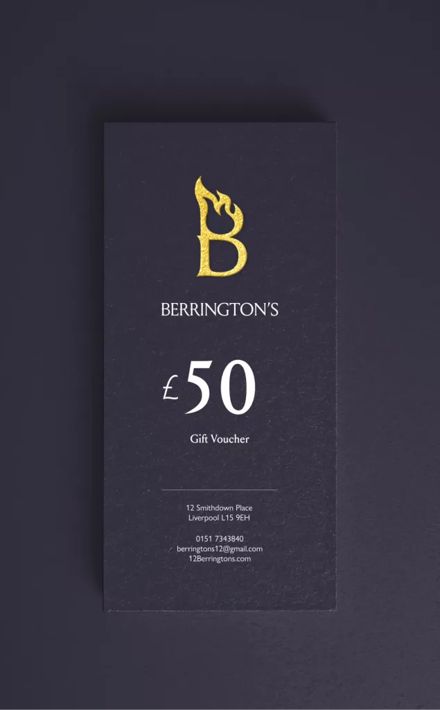 Dark navy gift voucher for Berrington's featuring a gold flaming "B" logo, large white "£50" text and small contact details.