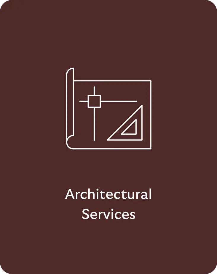 Rolled blueprint and set square icon above the text Architectural Services on a dark brown background.