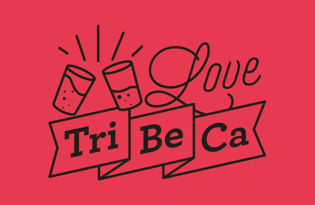 Two clinking shot glasses above ribbon banners reading Tri Be Ca with cursive Love on a red background.