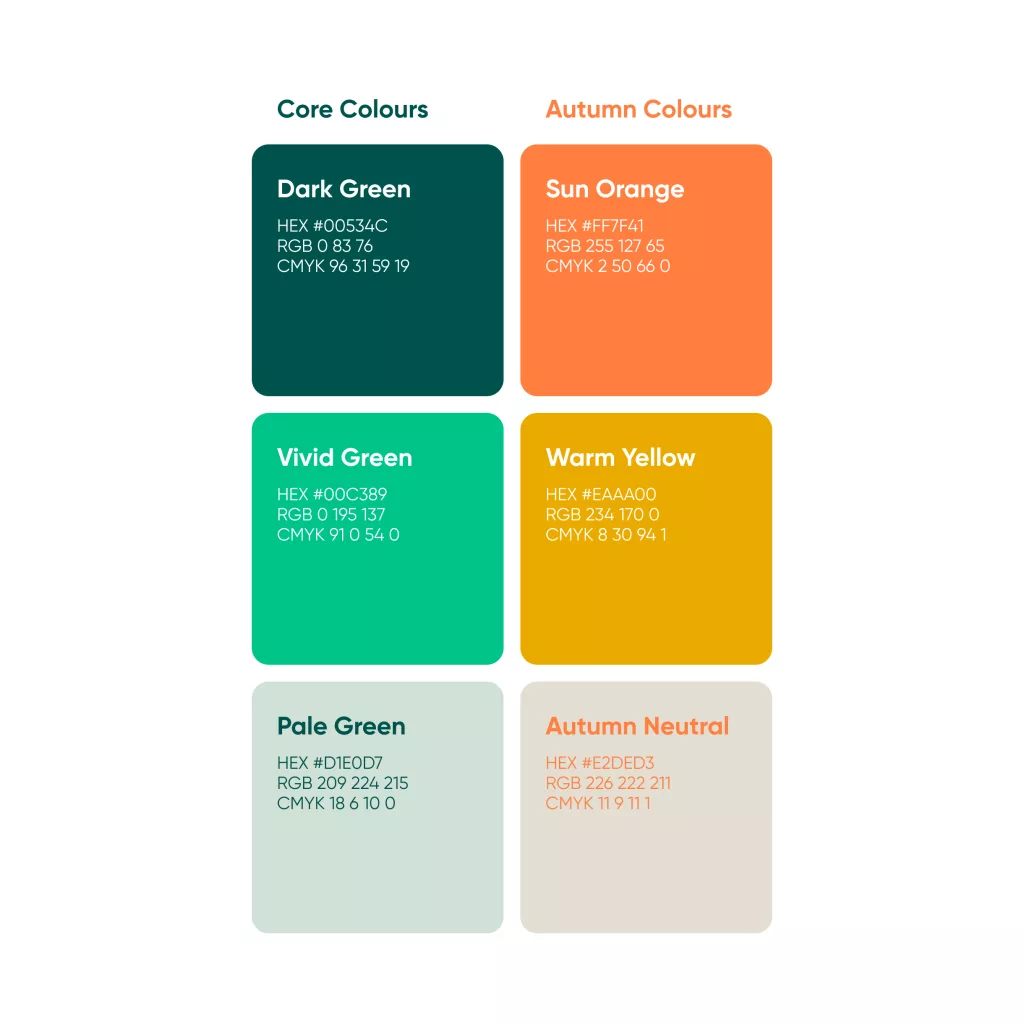 Six-swatch colour chart showing three core greens and three autumn colours, each labelled with name plus hex, RGB, CMYK.